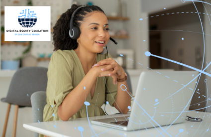 Women at desk talking to computer with headset on and digital elements around and DECCR logo